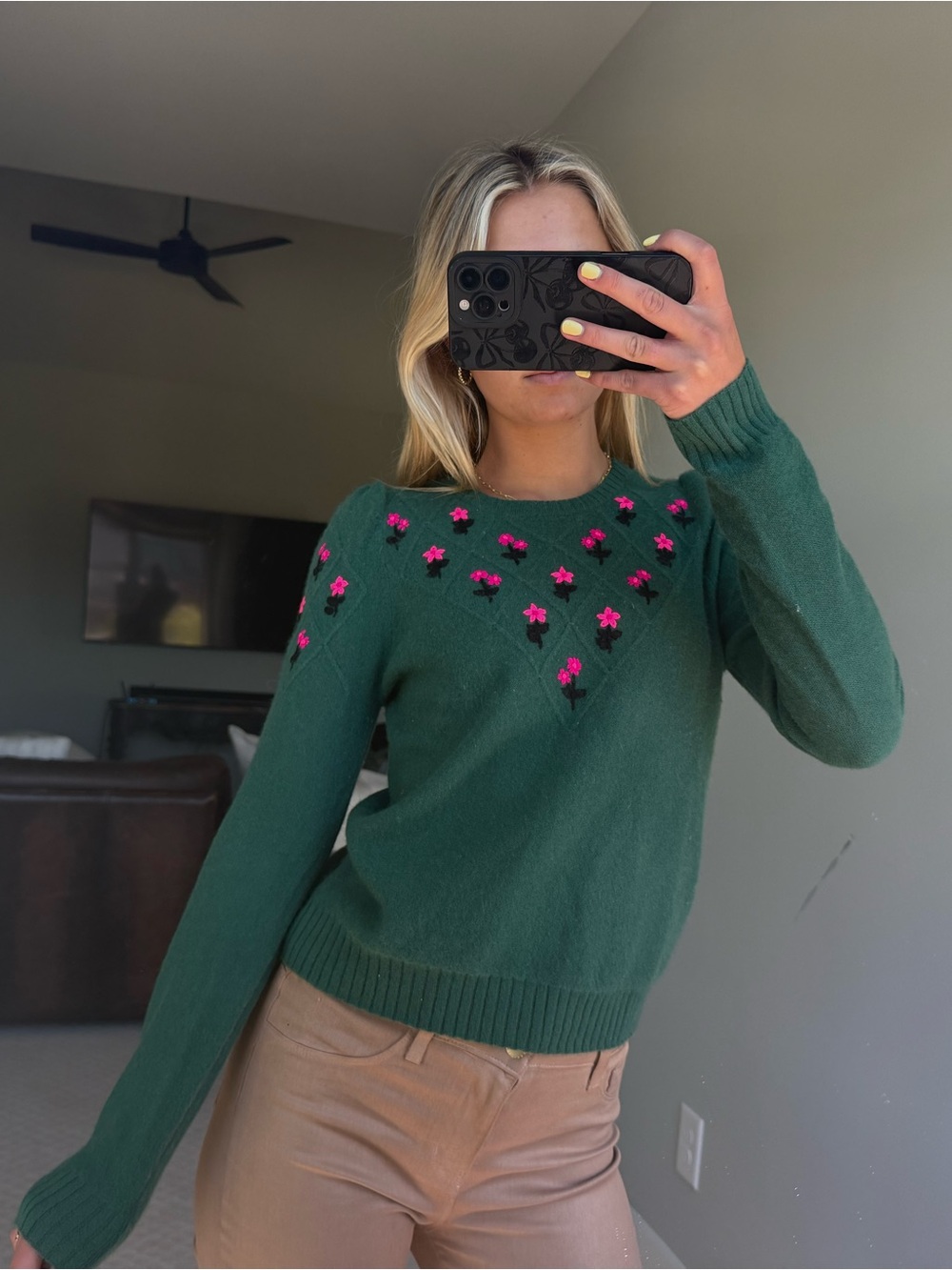 Aqua Dark Green Crewneck Sweater with Pink Floral Embroidery